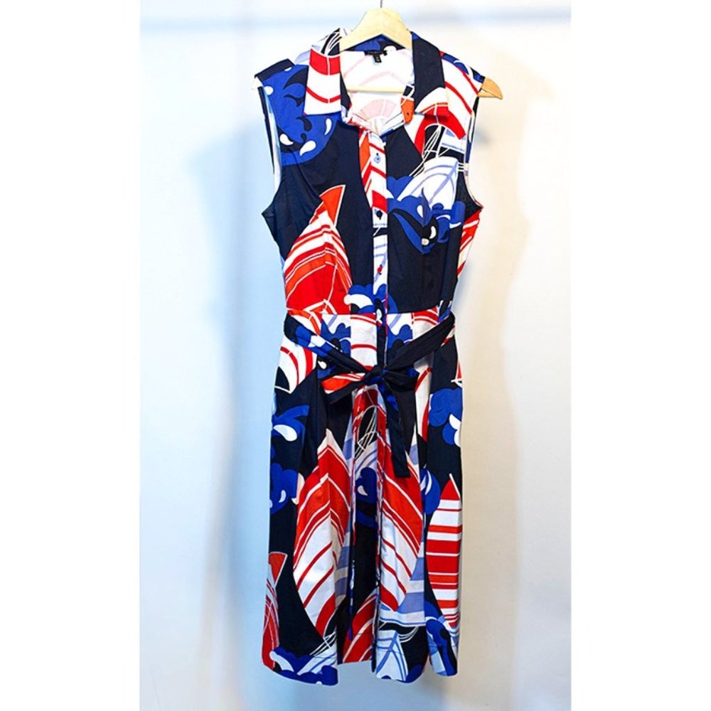 Talbots Midi Shirt Dress Size 14 Red Blue Print Button-Up Collar Neck Tie Waist